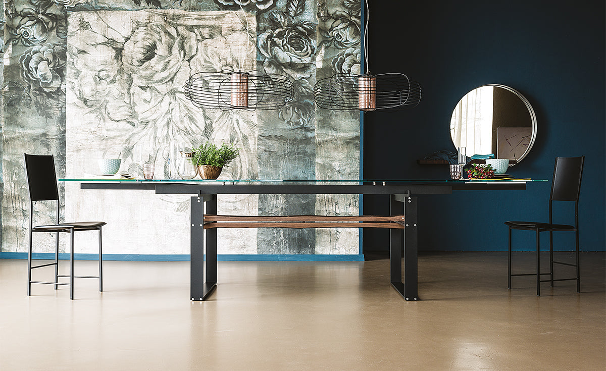 Tavolo Jerez Drive Cattelan - base in acciaio con trave in legno e piano in cristallo 12 mm