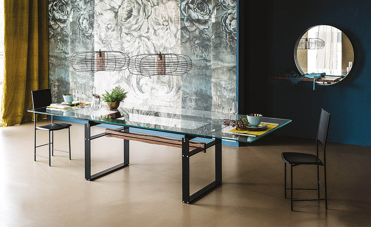 Tavolo Jerez Drive Cattelan - base in acciaio con trave in legno e piano in cristallo 12 mm