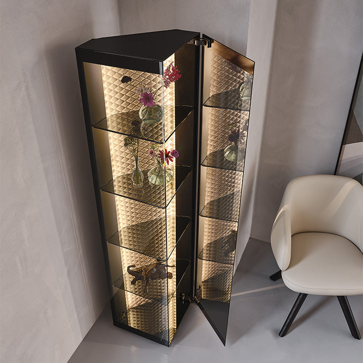 Vetrina Atelier Cattelan - struttura in acciaio, ante, fianchi, top e fondo in cristallo e schienale in pelle o ecopelle