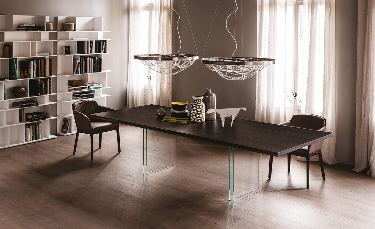 Tavolo Ikon Cattelan - base in cristallo, trave in graphite e piano in legno