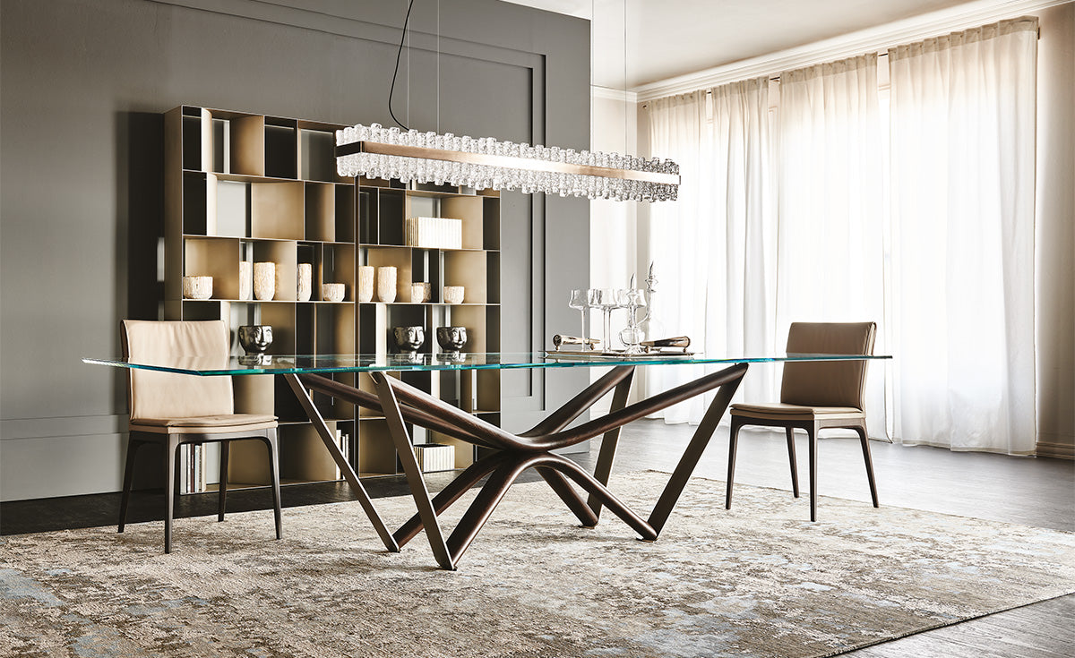 Tavolo Marathon Cattelan - base in legno o acciaio e piano in cristallo trasparente extrachiaro bisellato 15 mm